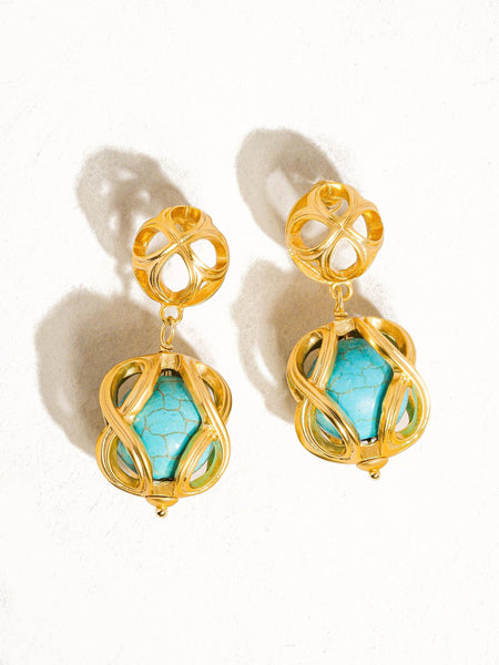 Maisie 18K Gold Cage Turquoise Stone Earring: Turquoise