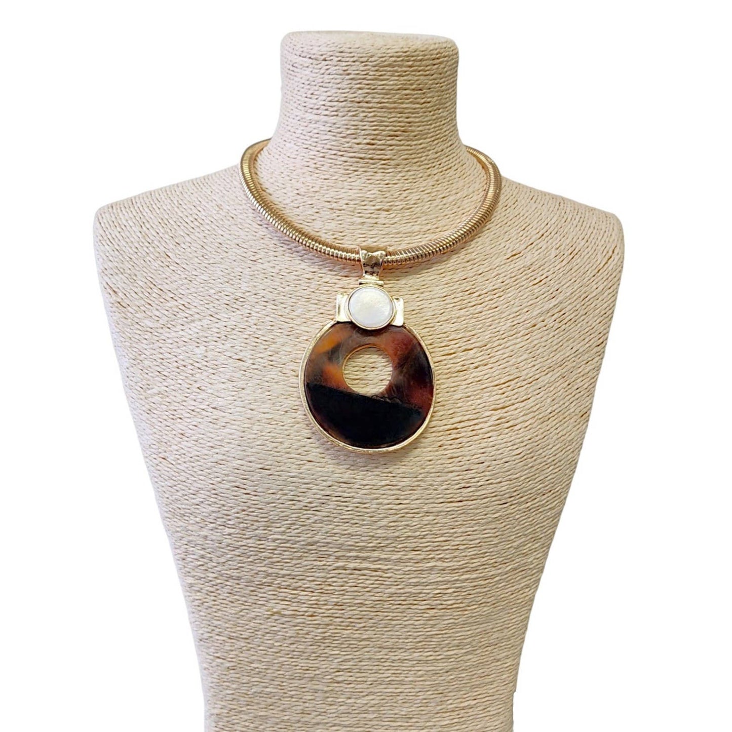Neutral Tortoise Shell Lucite & Gold Collar Pendant Necklace
