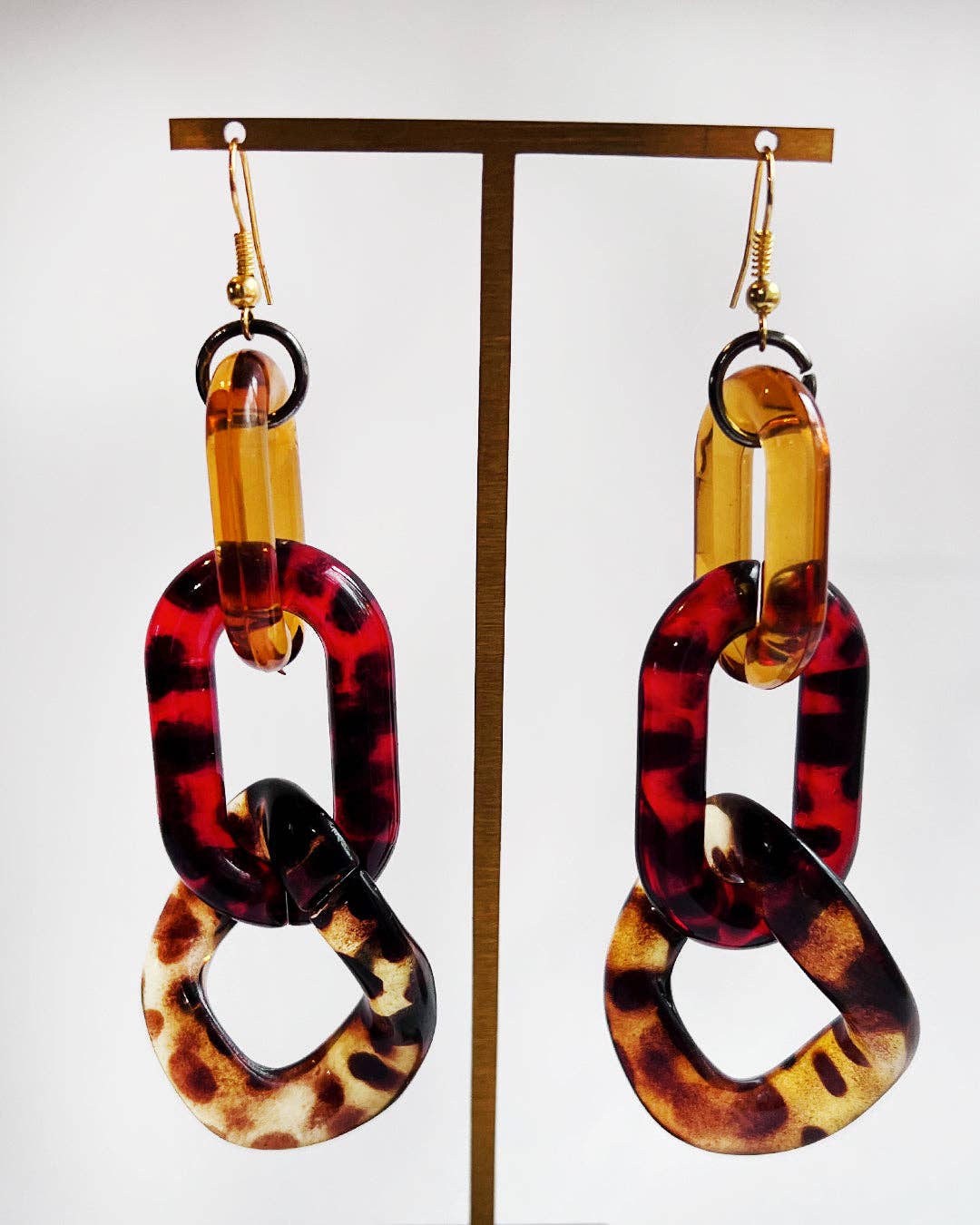 Infinite Colors Yellow Red Brown Tortoise Shell Triple Chain Earrings