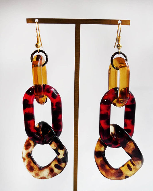 Infinite Colors Yellow Red Brown Tortoise Shell Triple Chain Earrings