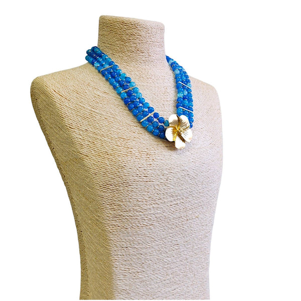 3 Layer Turquoise Blue Bead Necklace w/ Gold Flower Pendant