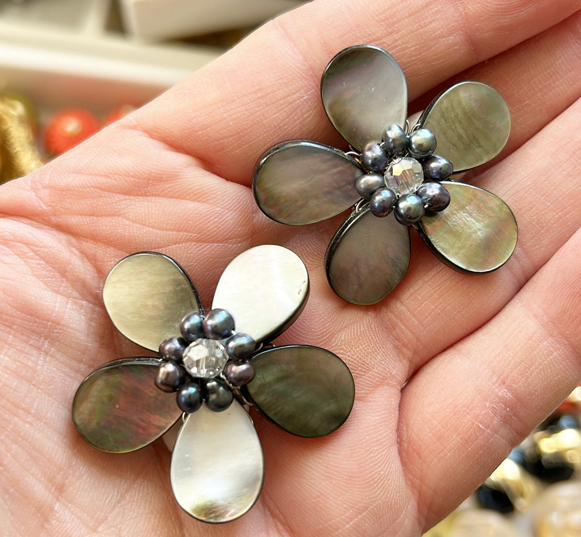 Mother of pearl floral clip earrings - stamped 925