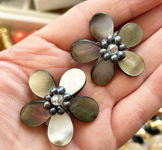 Mother of pearl floral clip earrings - stamped 925