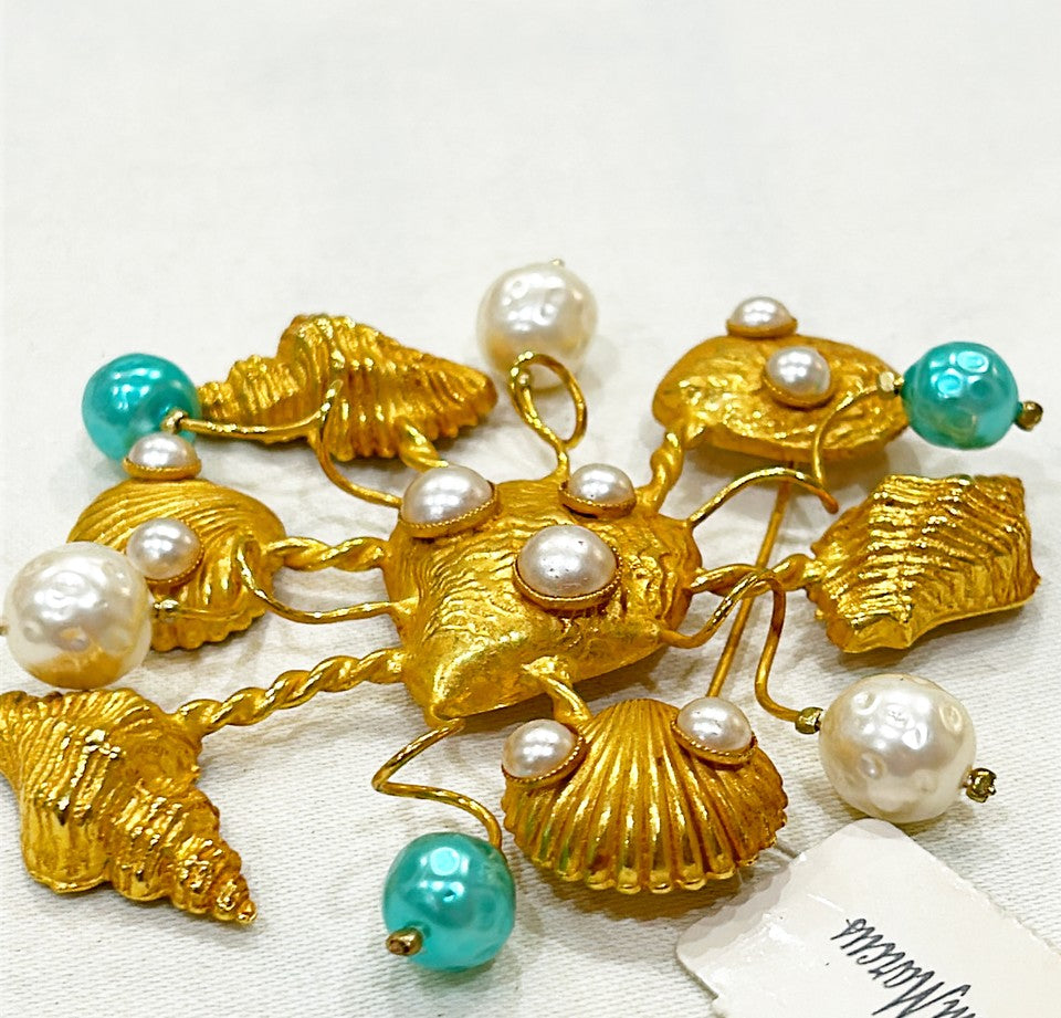 Vintage 80s designer stamped Dominique Aurientis large scale seashells brooch