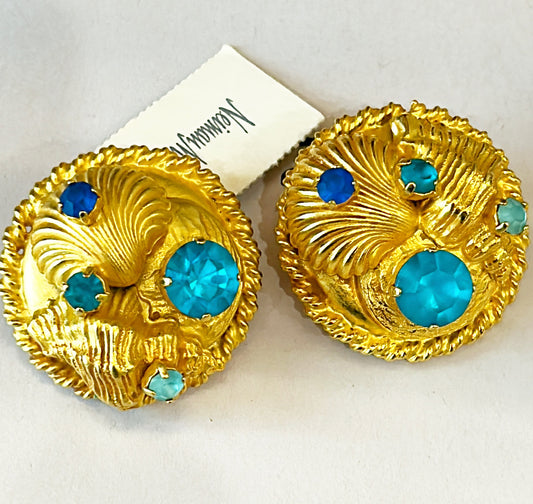 Round Gold Earrings - Blue